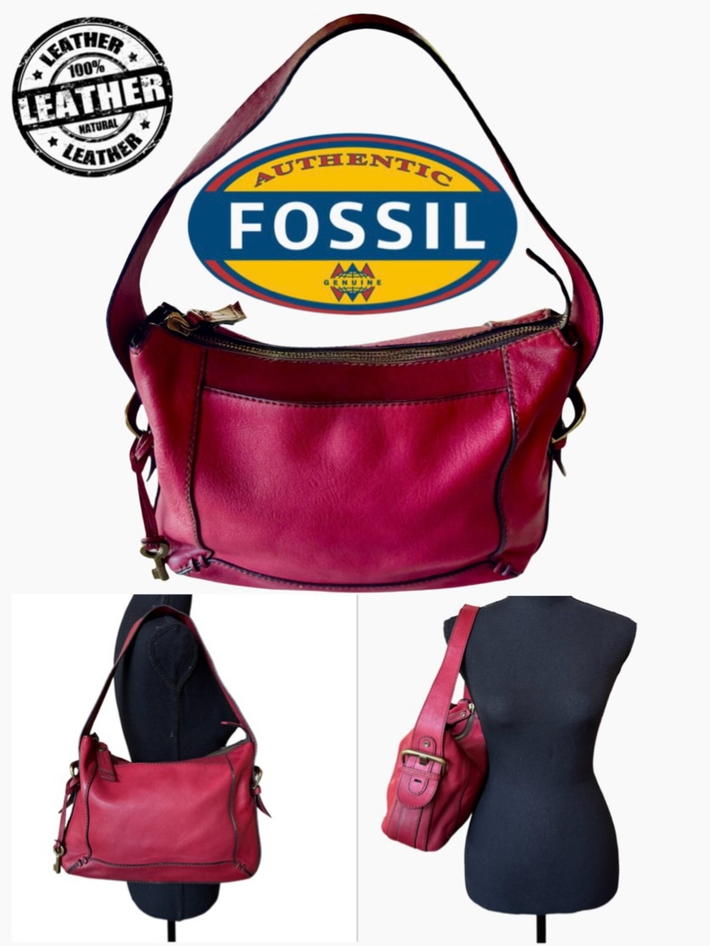 FOSSIL Red Hobo Genuine Leather Shoulder Bag or Handheld Adjustable Strap w/Key